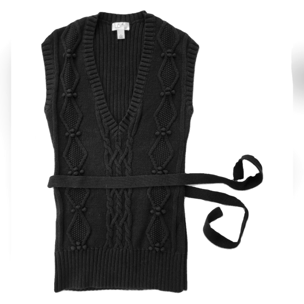 Ann Taylor LOFT black long cable knit v-neck sweater vest Medium